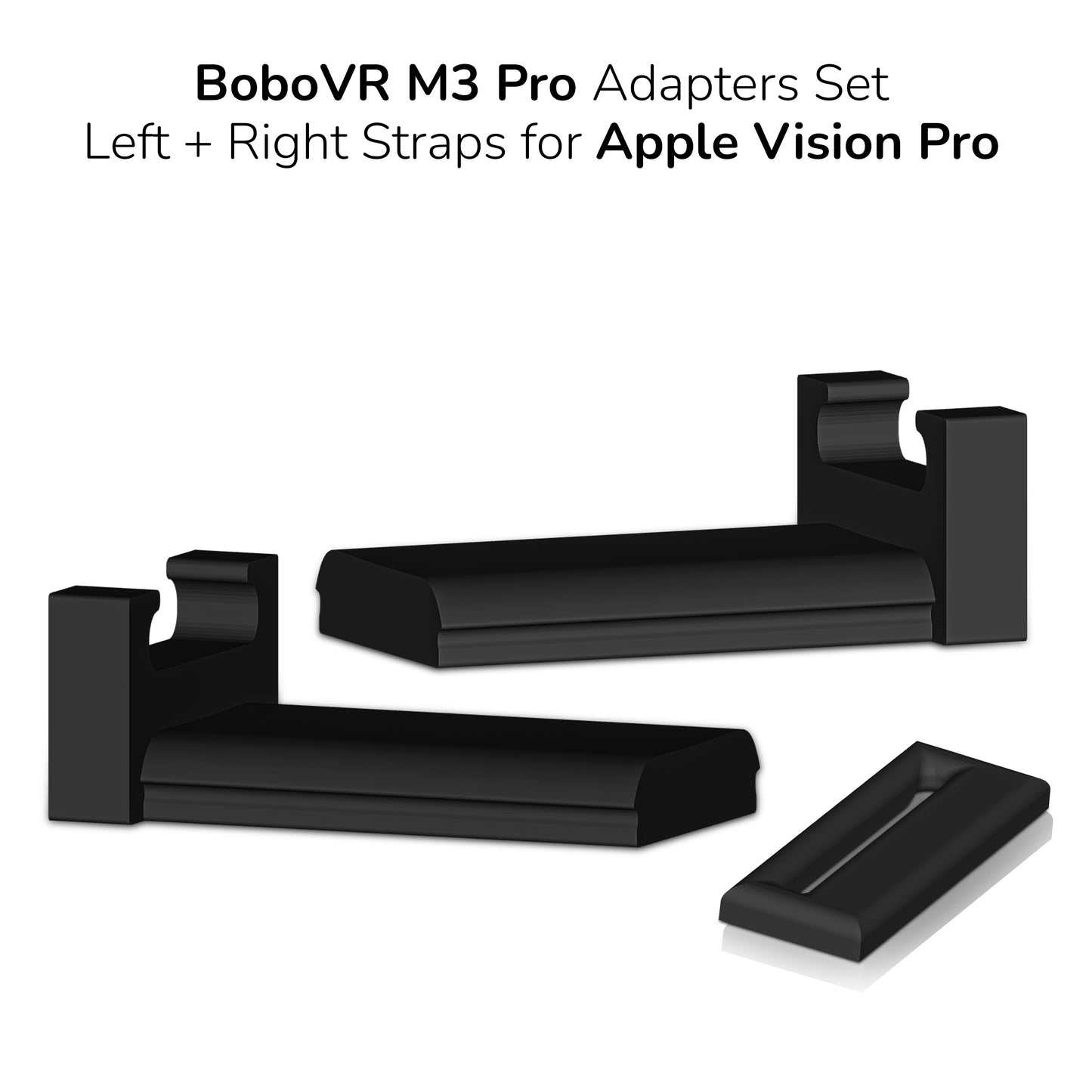 Two black adapters for left and right straps designed for Apple Vision Pro VR headset